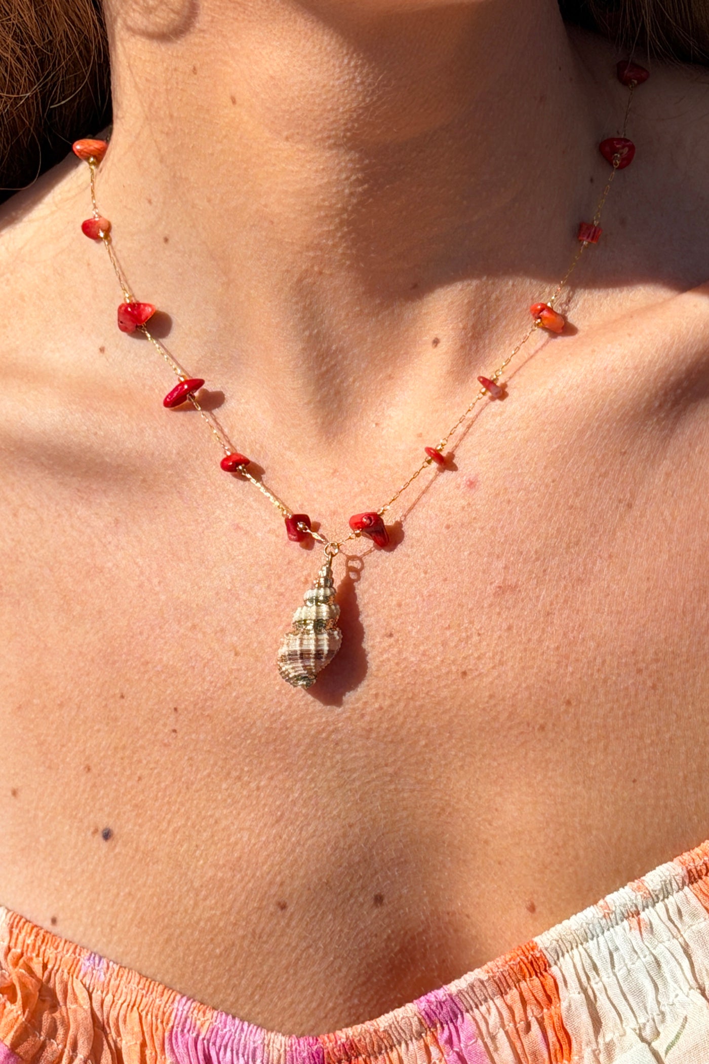 Coral Beach Glass and Sea Shell Necklace