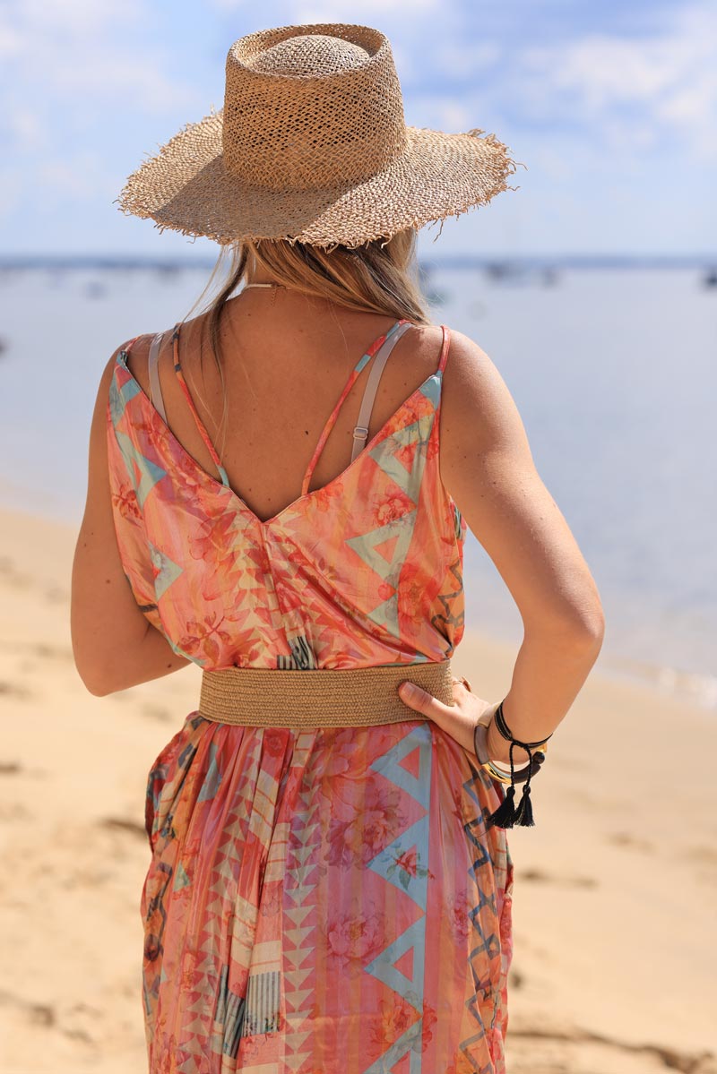 Strappy wide leg jumpsuit with an orange metallic ethnic print