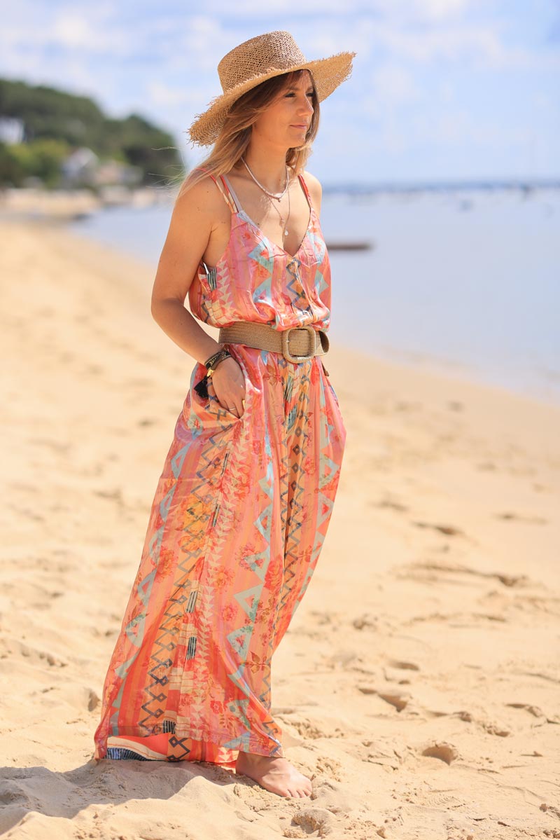 Strappy wide leg jumpsuit with an orange metallic ethnic print