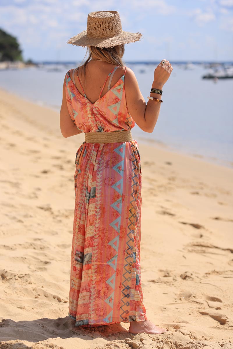 Strappy wide leg jumpsuit with an orange metallic ethnic print