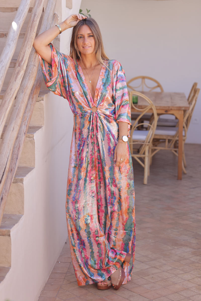 Colourful watercolour metallic wide leg jumpsuit with butterfly sleeves