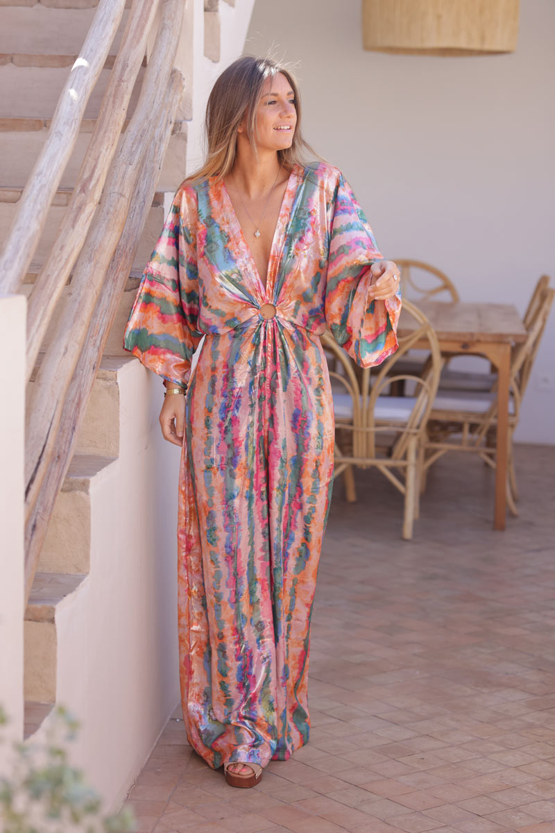 Colourful watercolour metallic wide leg jumpsuit with butterfly sleeves