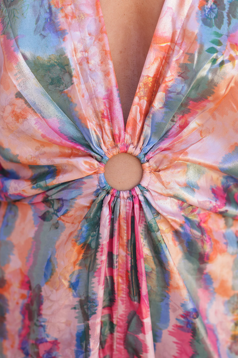 Colourful watercolour metallic wide leg jumpsuit with butterfly sleeves