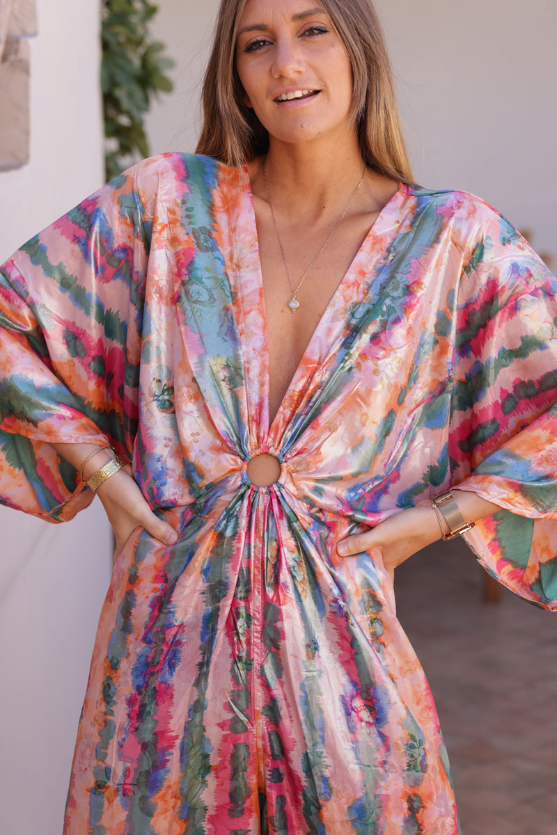 Colourful watercolour metallic wide leg jumpsuit with butterfly sleeves