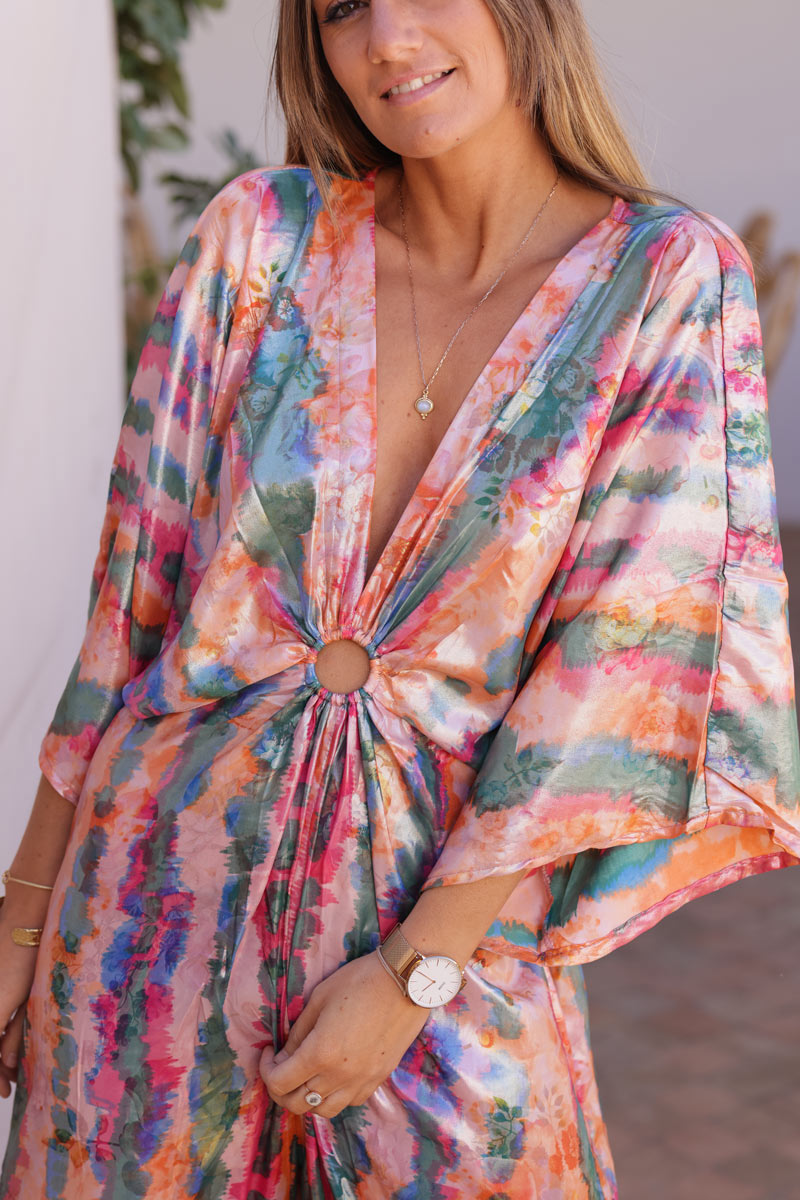 Colourful watercolour metallic wide leg jumpsuit with butterfly sleeves