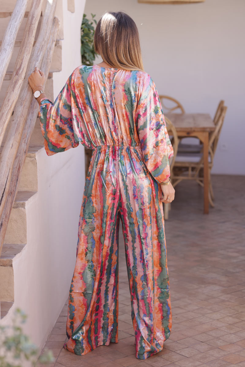 Colourful watercolour metallic wide leg jumpsuit with butterfly sleeves
