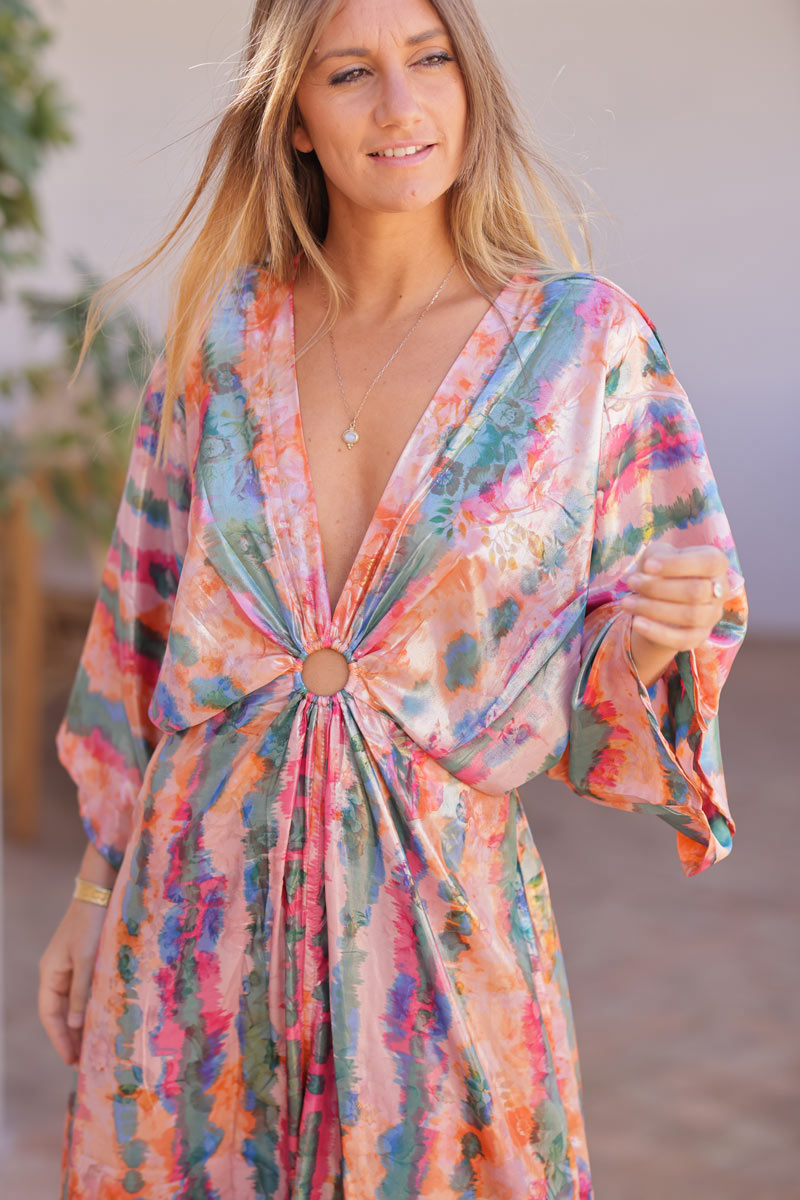 Colourful watercolour metallic wide leg jumpsuit with butterfly sleeves