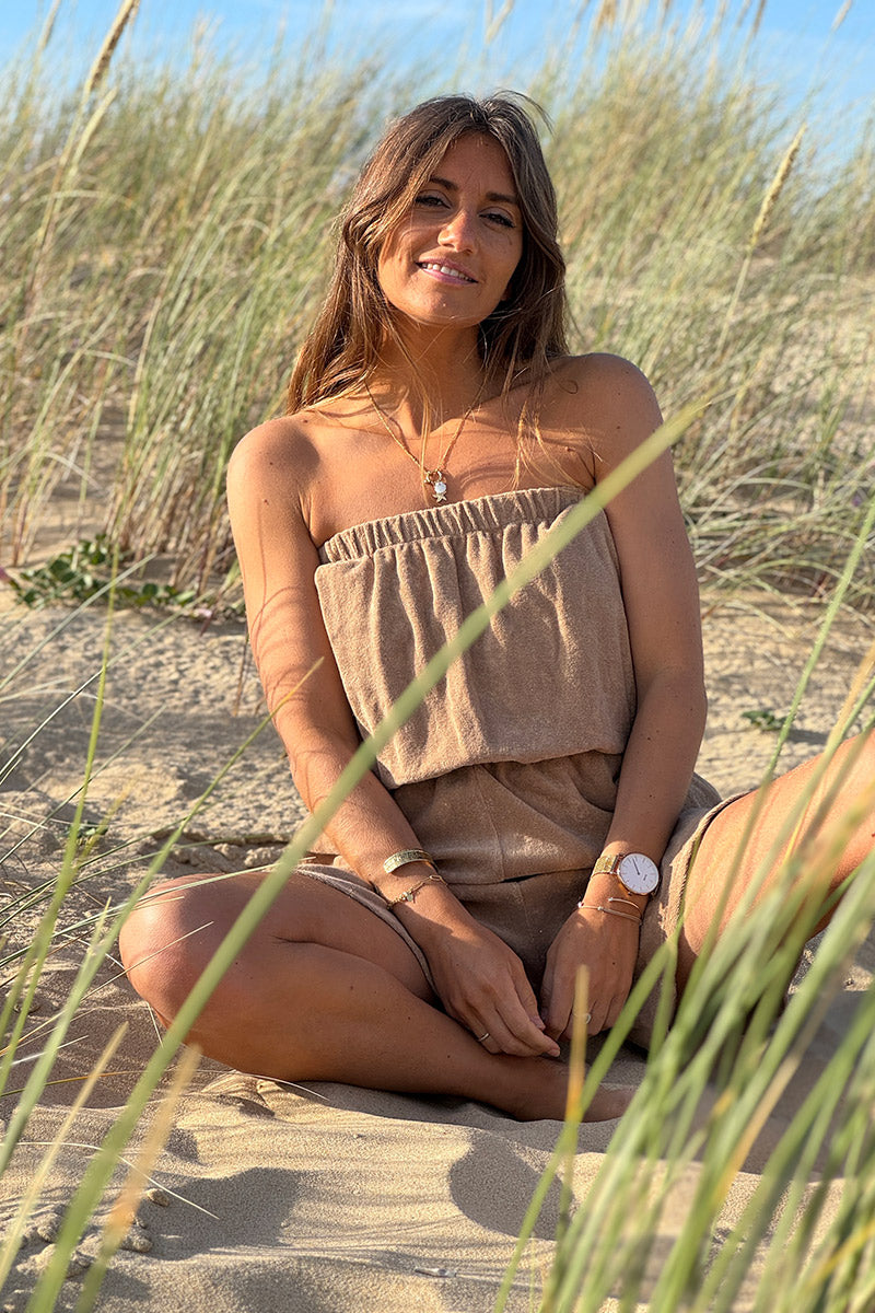 Shorts bustier de rizo elástico color camello