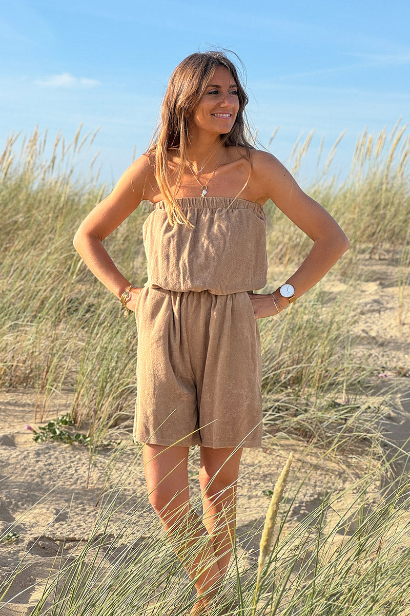 Shorts bustier de rizo elástico color camello