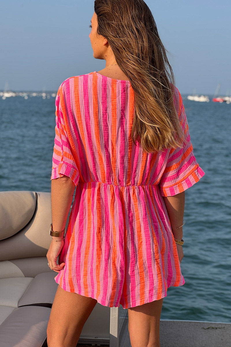 Combishort en gaze de coton cache cœur imprimé rayures rose et orange fluo