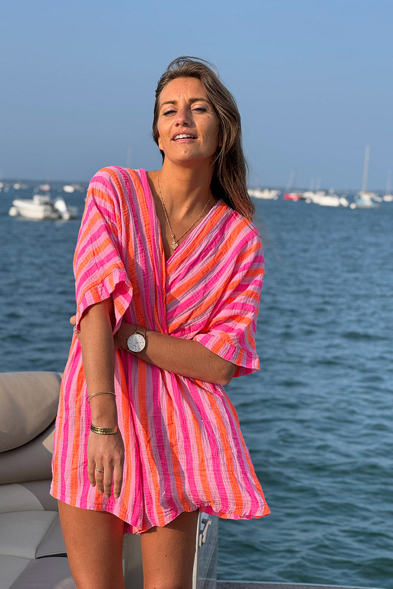 Combishort en gaze de coton cache cœur imprimé rayures rose et orange fluo