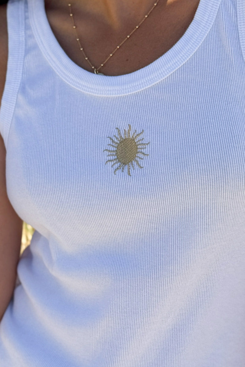 White Embroidered Sun Ribbed Tank Top