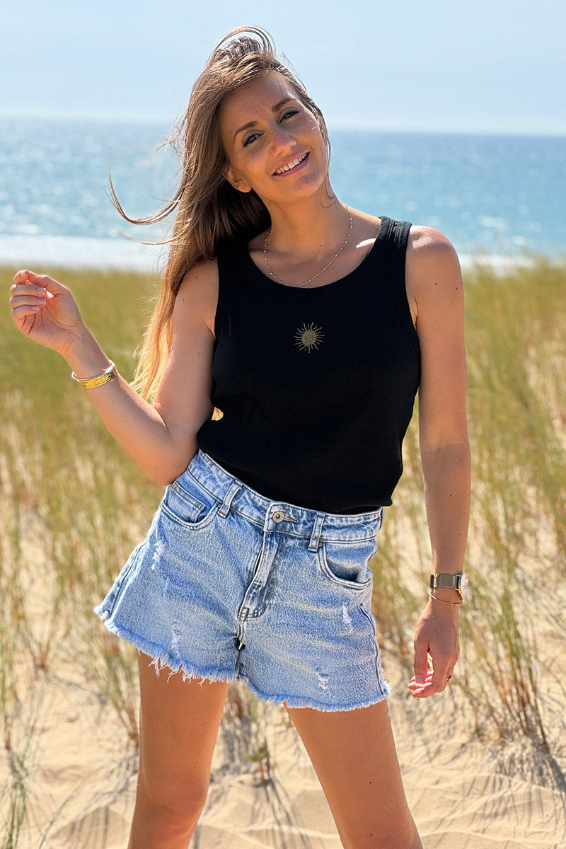 Débardeur côtelé noir broderie soleil doré