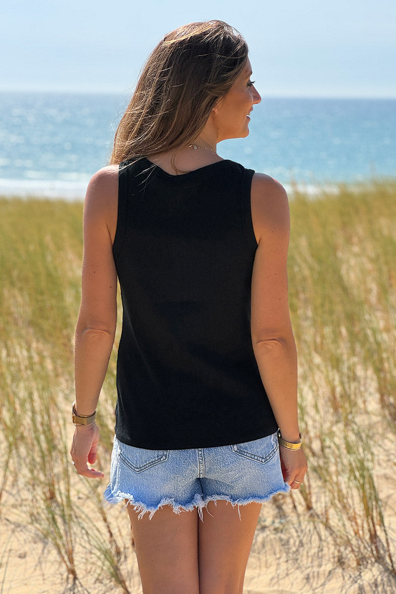 Débardeur côtelé noir broderie soleil doré