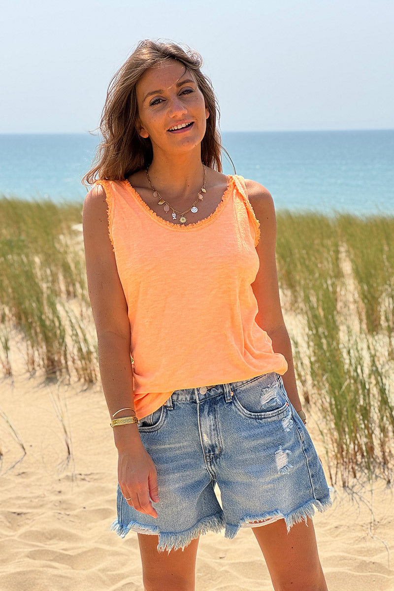 Neon Orange cotton tank top with fringes
