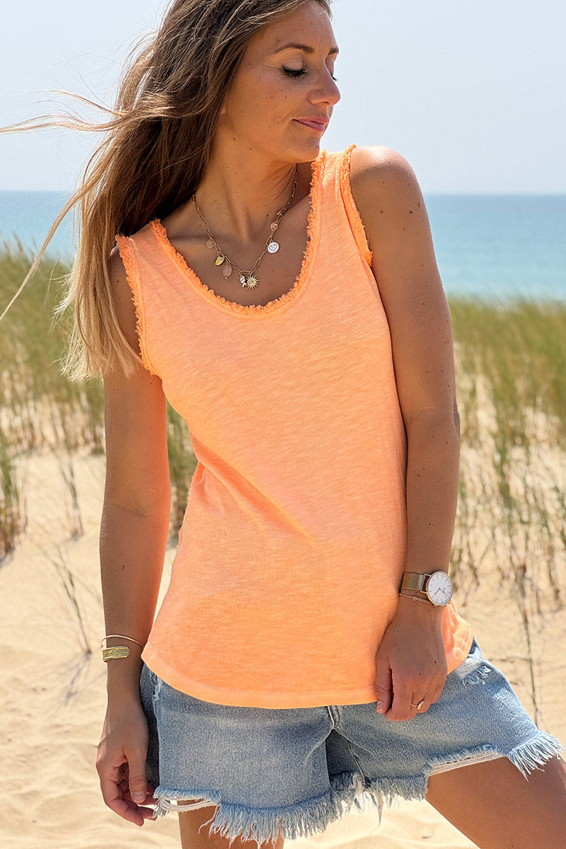 Neon Orange cotton tank top with fringes
