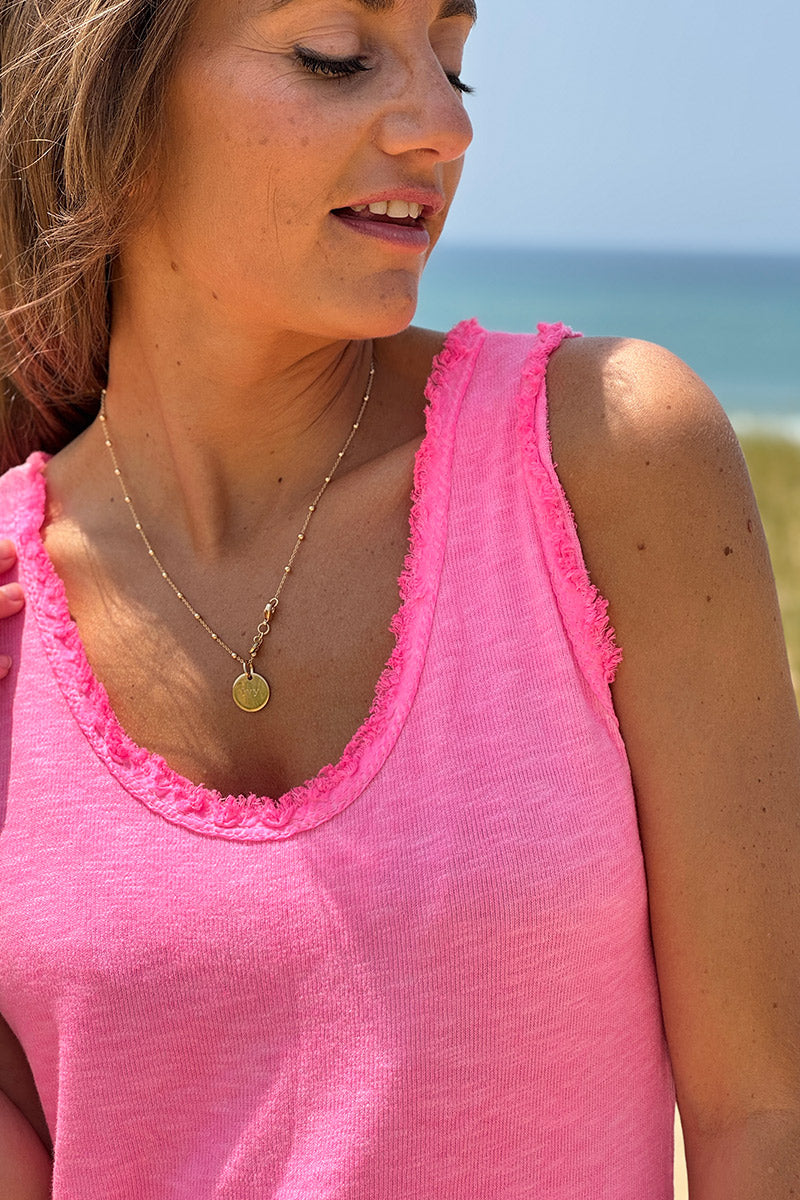 Hot pink cotton tank top with fringes