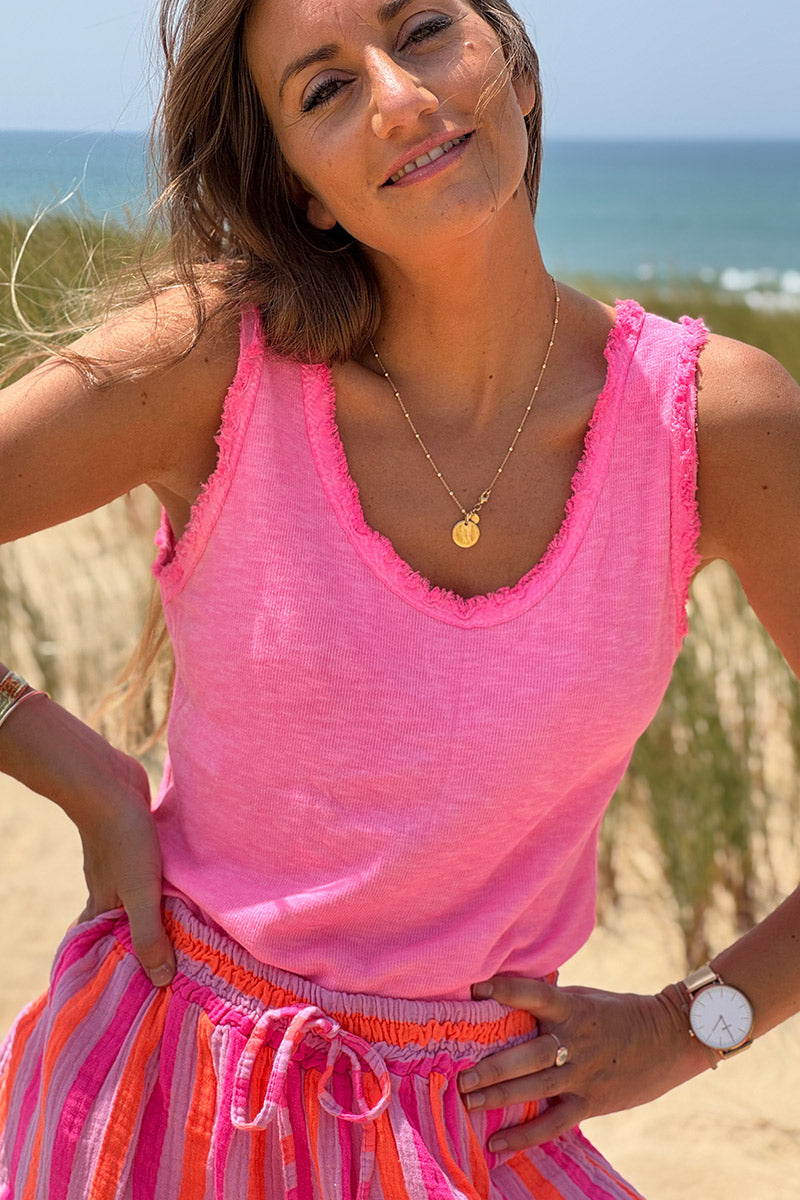 Hot pink cotton tank top with fringes