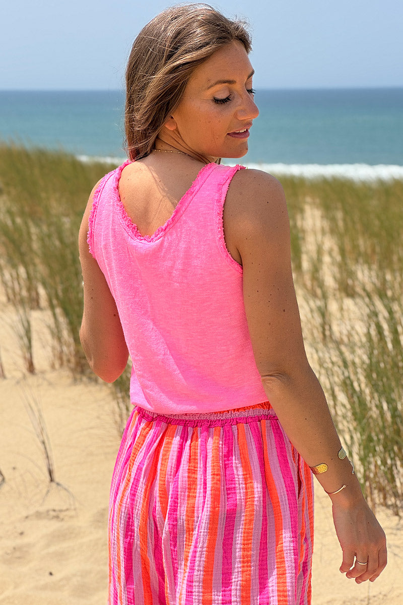 Hot pink cotton tank top with fringes