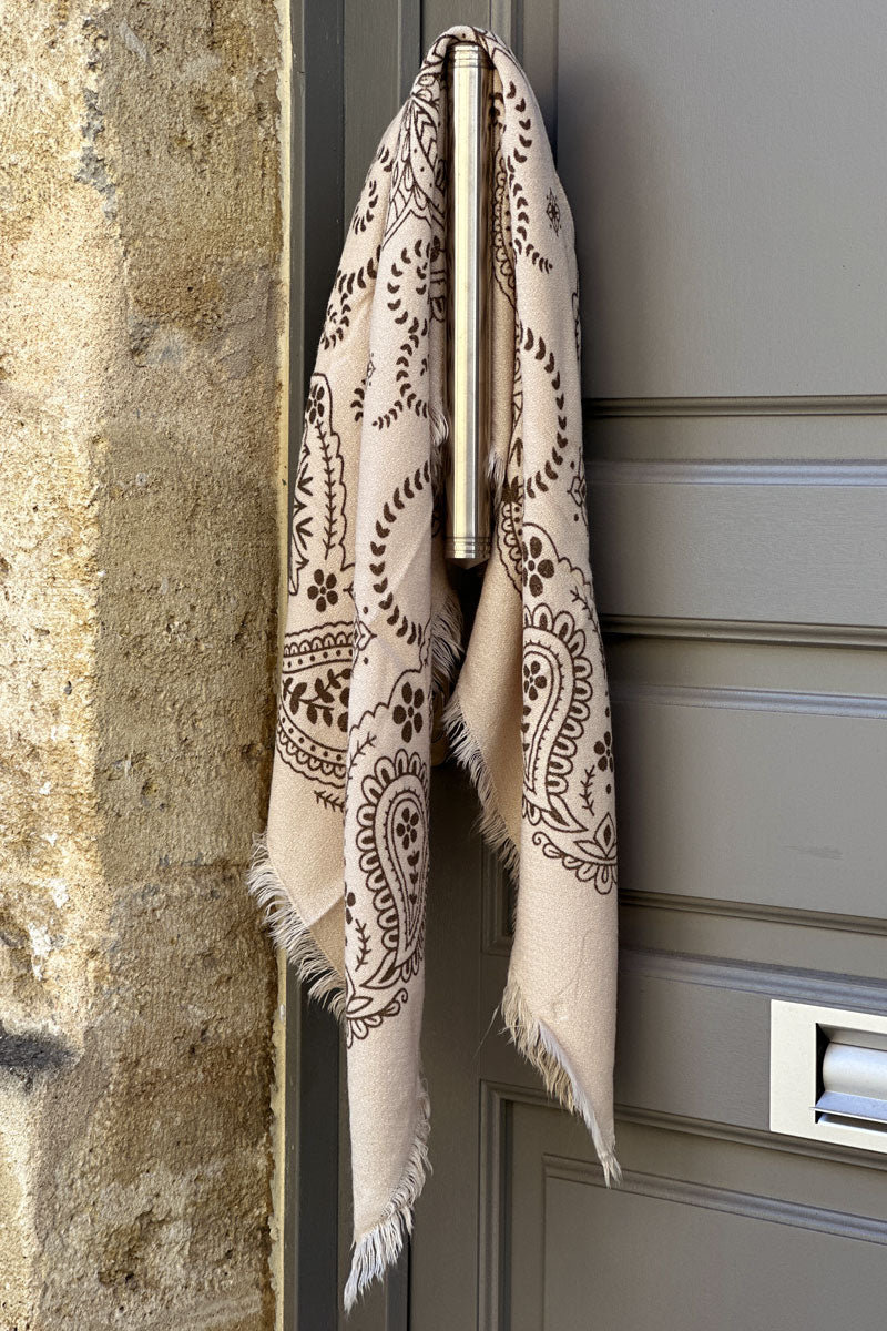 Écharpe douce beige carrée imprimé banana cachemire marron