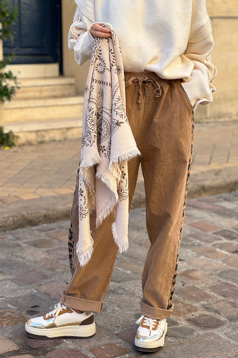 Écharpe douce beige carrée imprimé banana cachemire marron