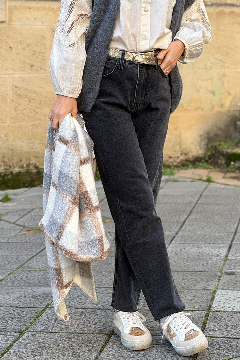 Echarpe douce en bouclettes à carreaux gris