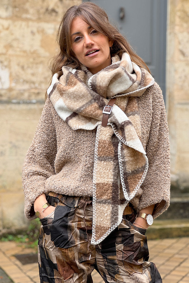 Taupe Colorblock Plaid Sherpa Wrap