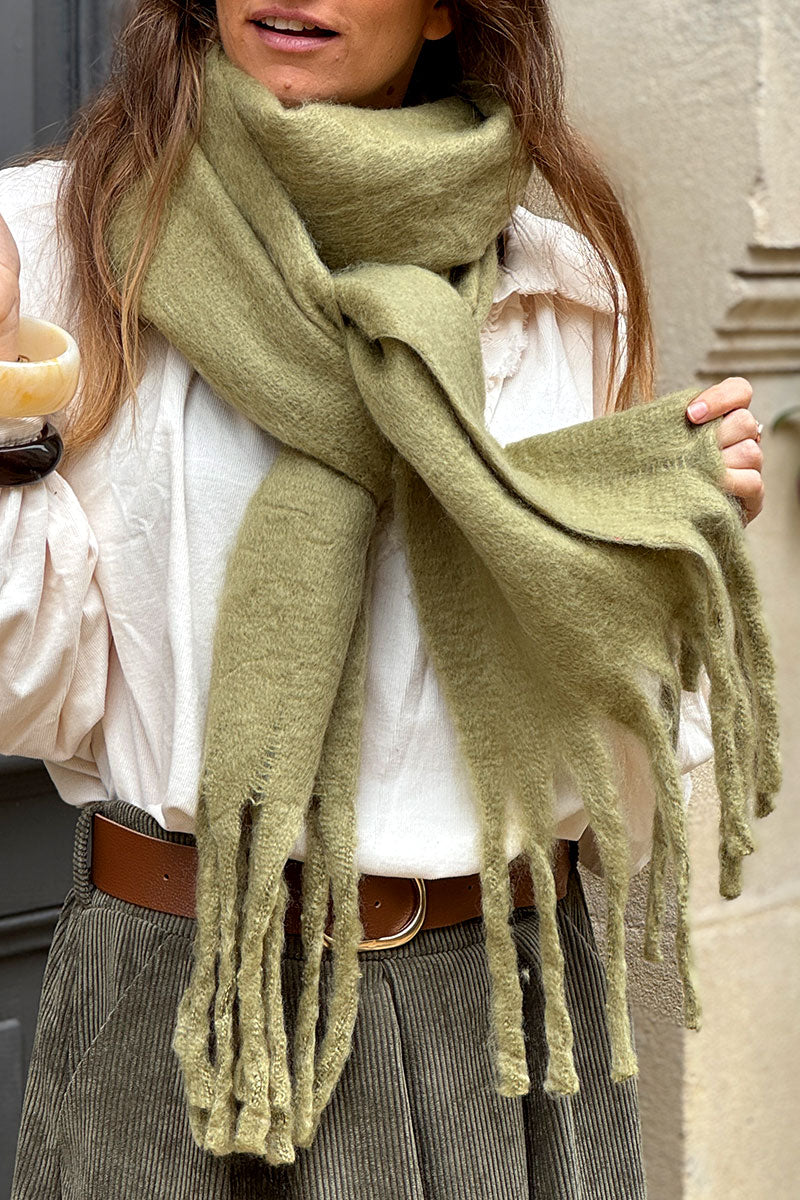 Light Olive Faux Cashmere Tassel Scarf