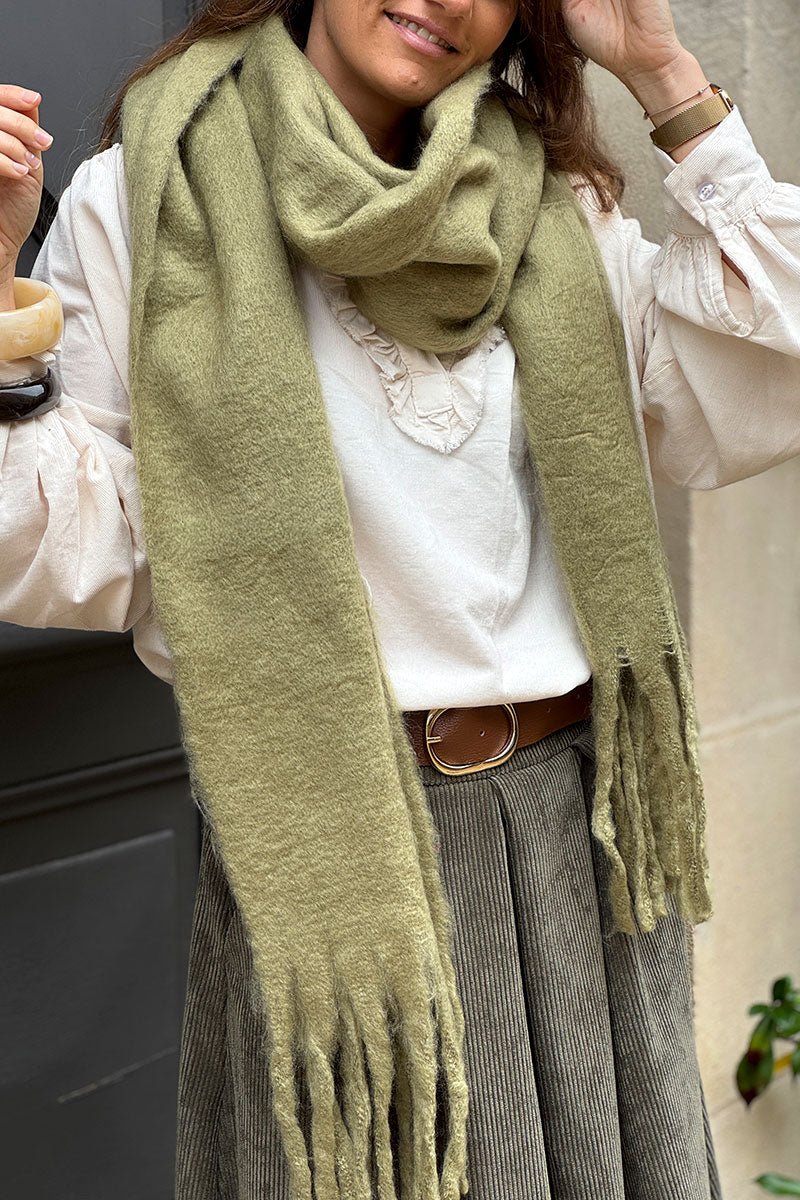 Light Olive Faux Cashmere Tassel Scarf