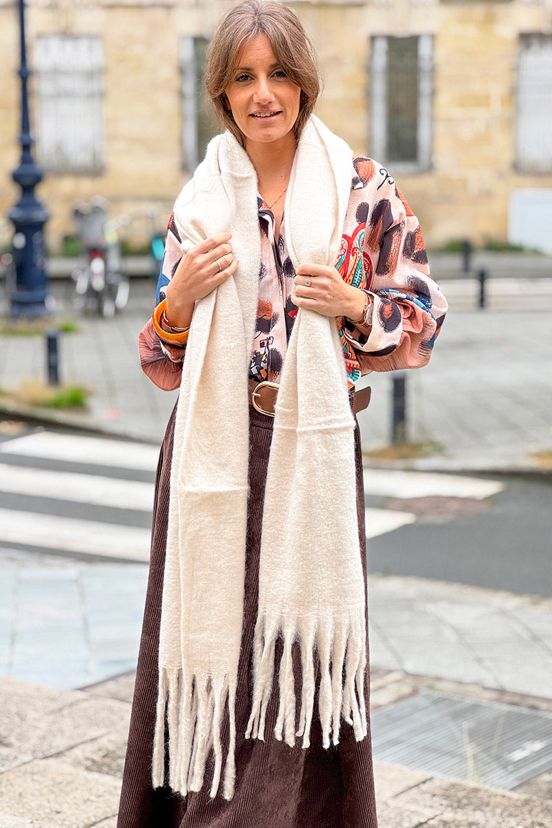 Beige Faux Cashmere Tassel Scarf