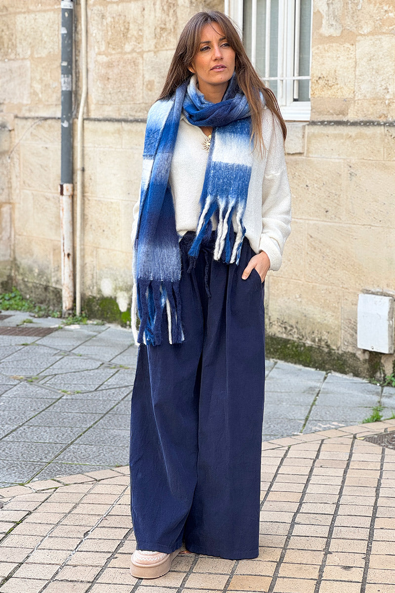 Blue Colorblock Fringe Scarf