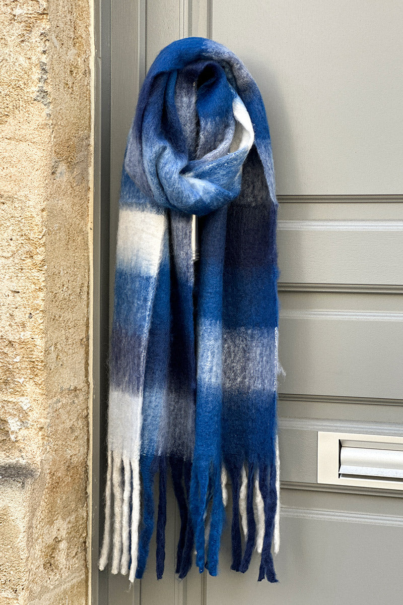 Blue Colorblock Fringe Scarf