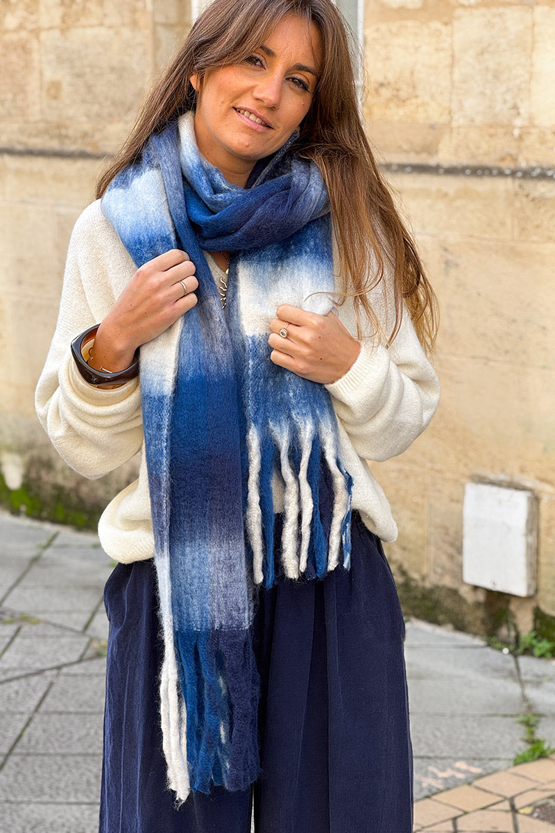 Blue Colorblock Fringe Scarf