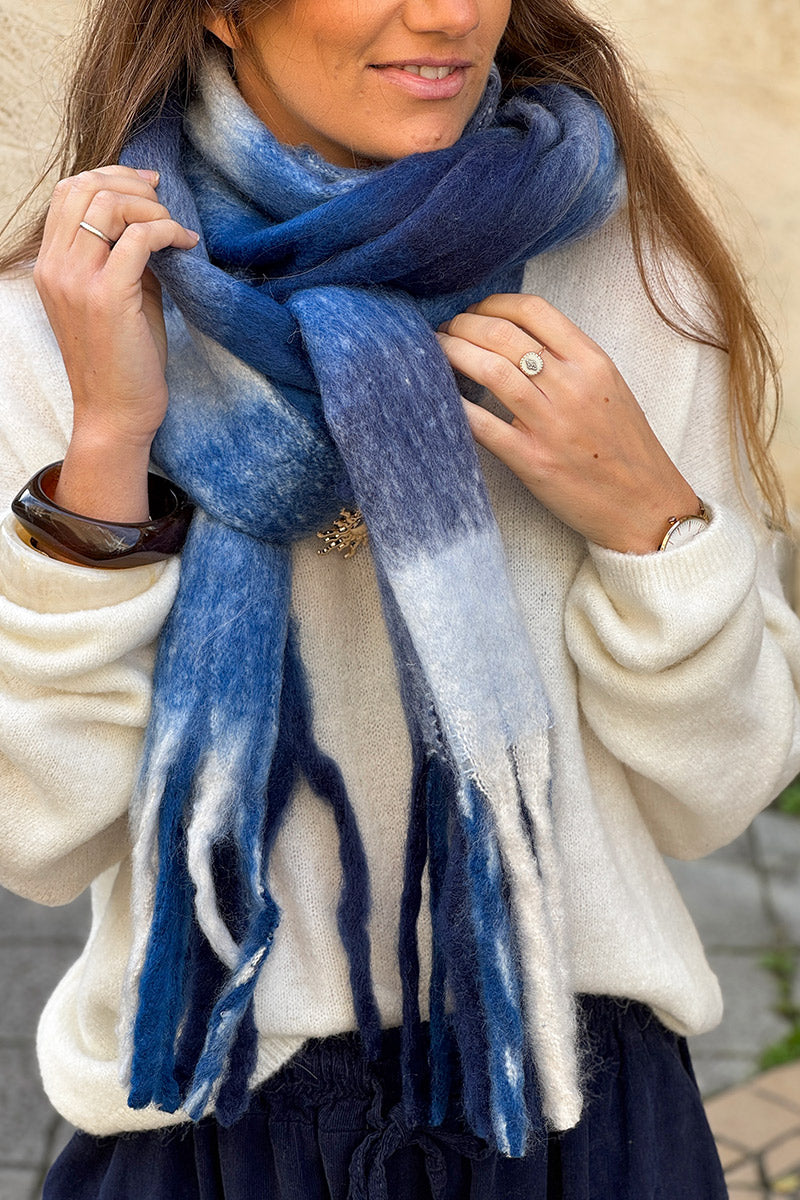 Blue Colorblock Fringe Scarf