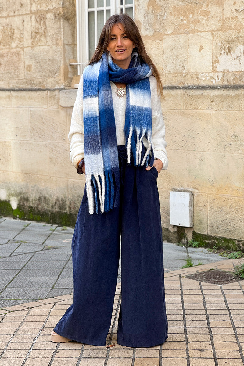 Blue Colorblock Fringe Scarf