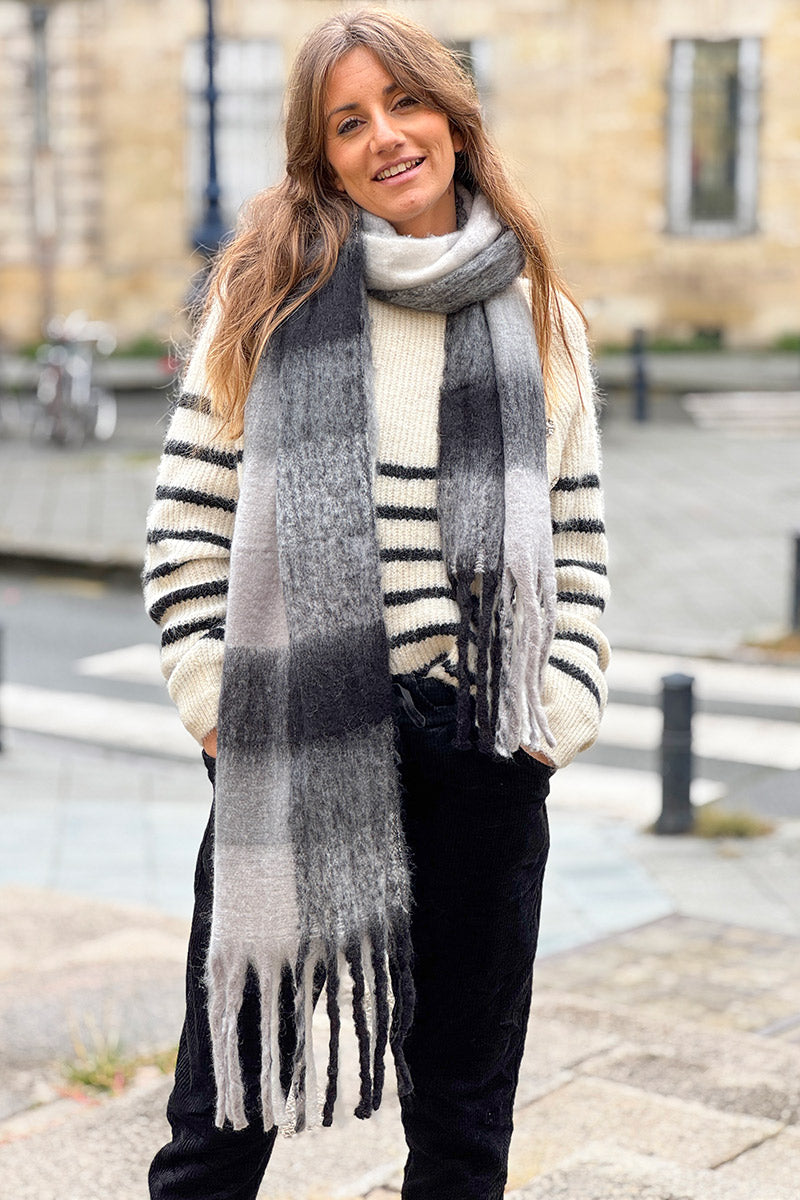 Gray Colorblock Fringe Scarf