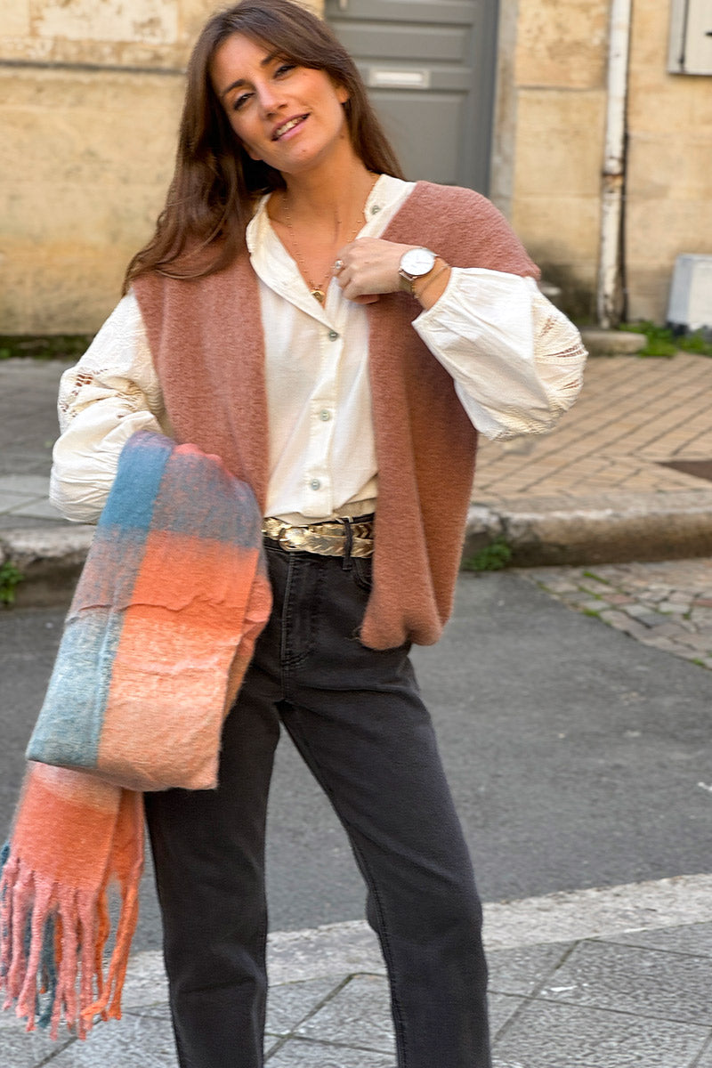 Peach Colorblock Fringe Scarf