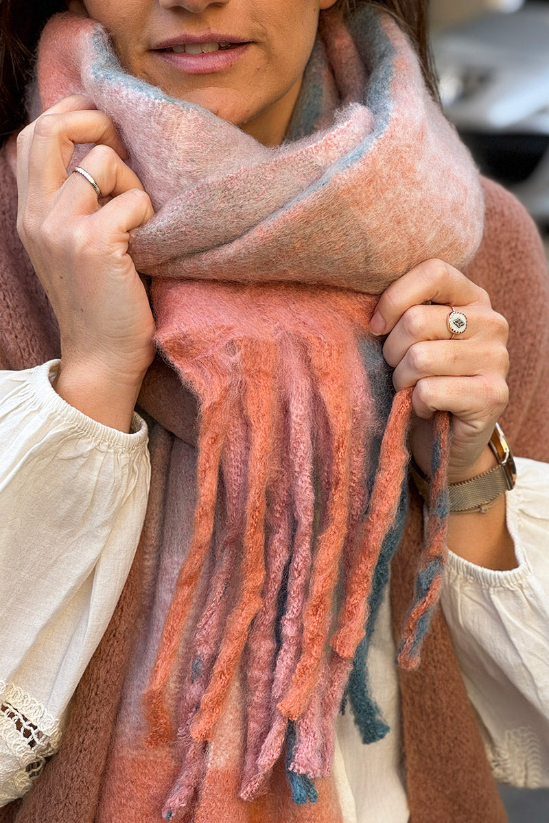 Peach Colorblock Fringe Scarf