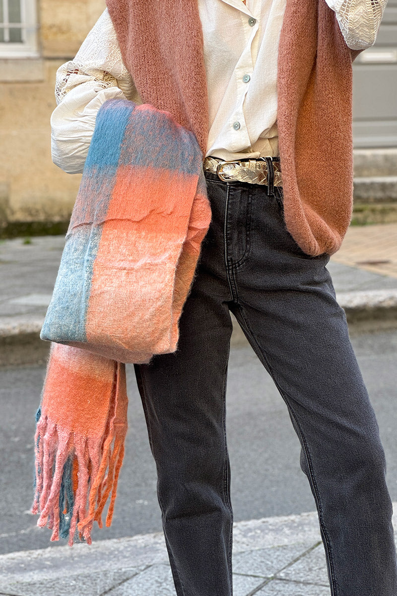 Peach Colorblock Fringe Scarf