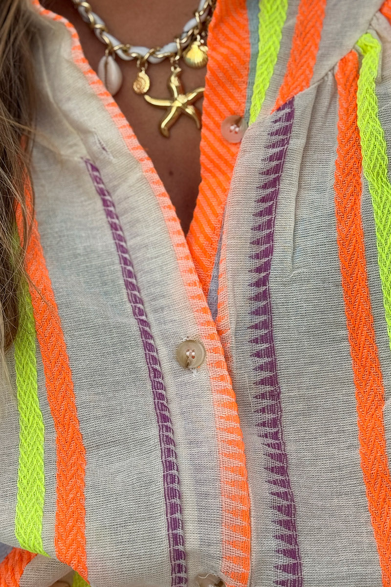 Ensemble chemise et jupe short en coton broderie rayures ethniques orange fluo