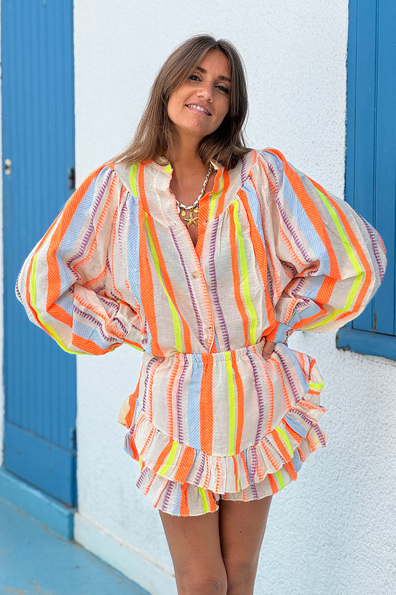 Beige Neon Orange Stripe Blouse and Bloomers