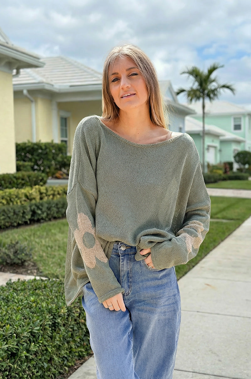 Khaki cotton knit jumper with gold flowers on sleeves and back