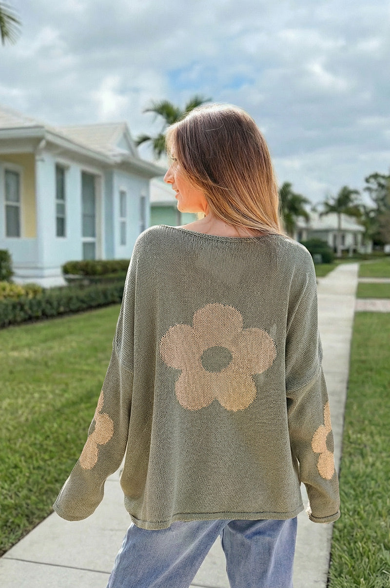 Khaki cotton knit jumper with gold flowers on sleeves and back