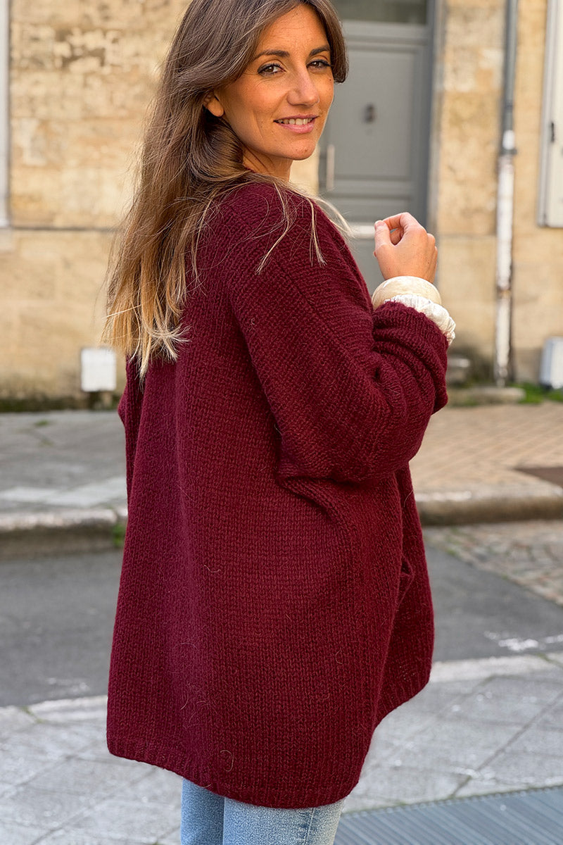 Burgundy Cardigan with Wrap round Collar
