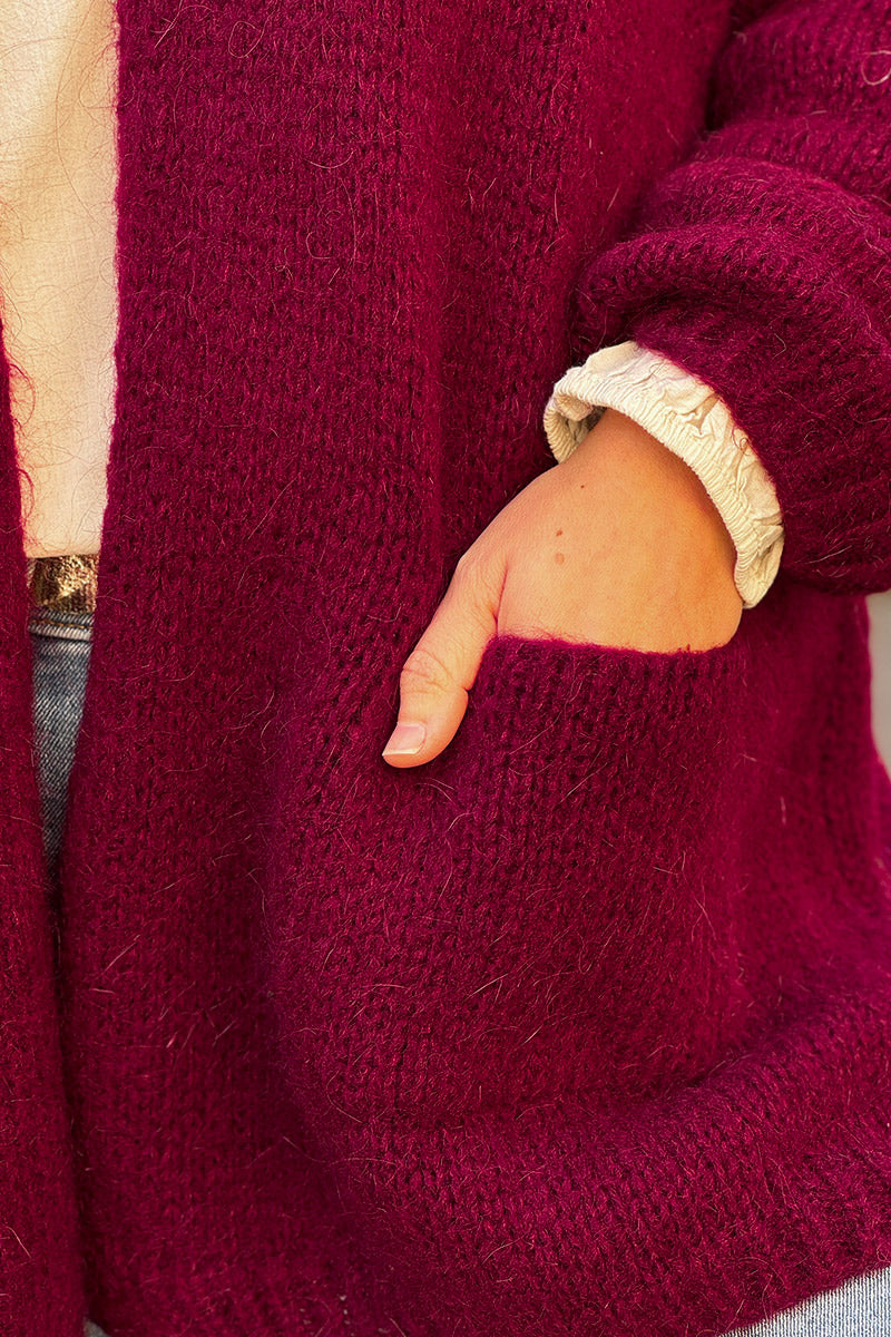 Burgundy Cardigan with Wrap round Collar