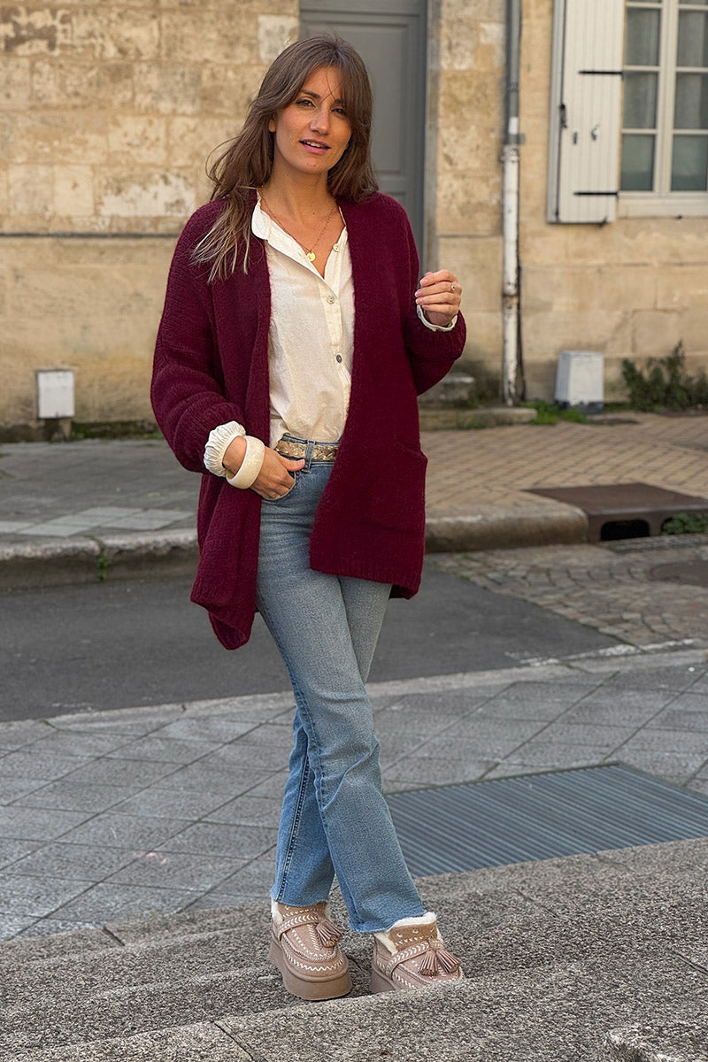 Burgundy Cardigan with Wrap round Collar