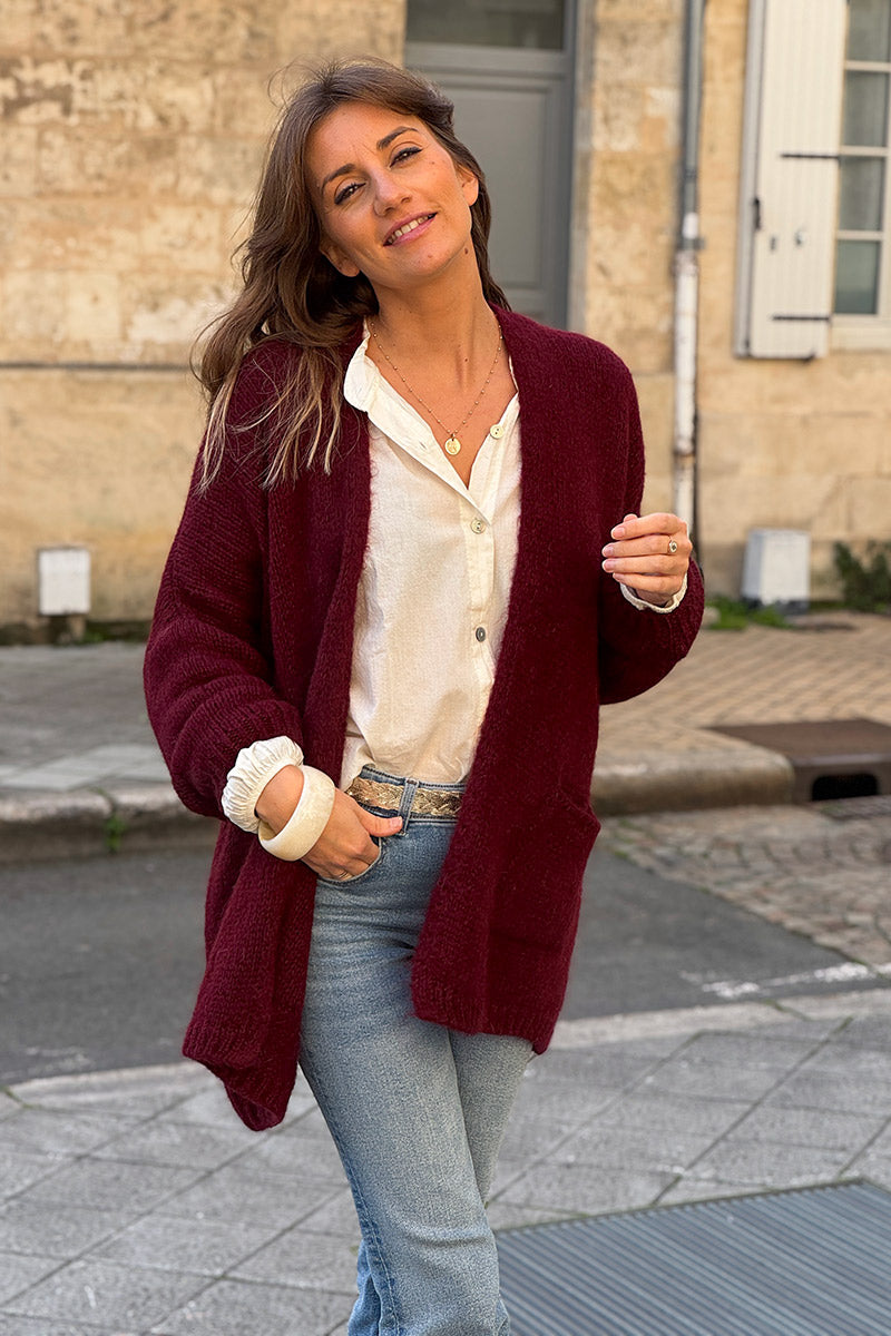 Burgundy Cardigan with Wrap round Collar