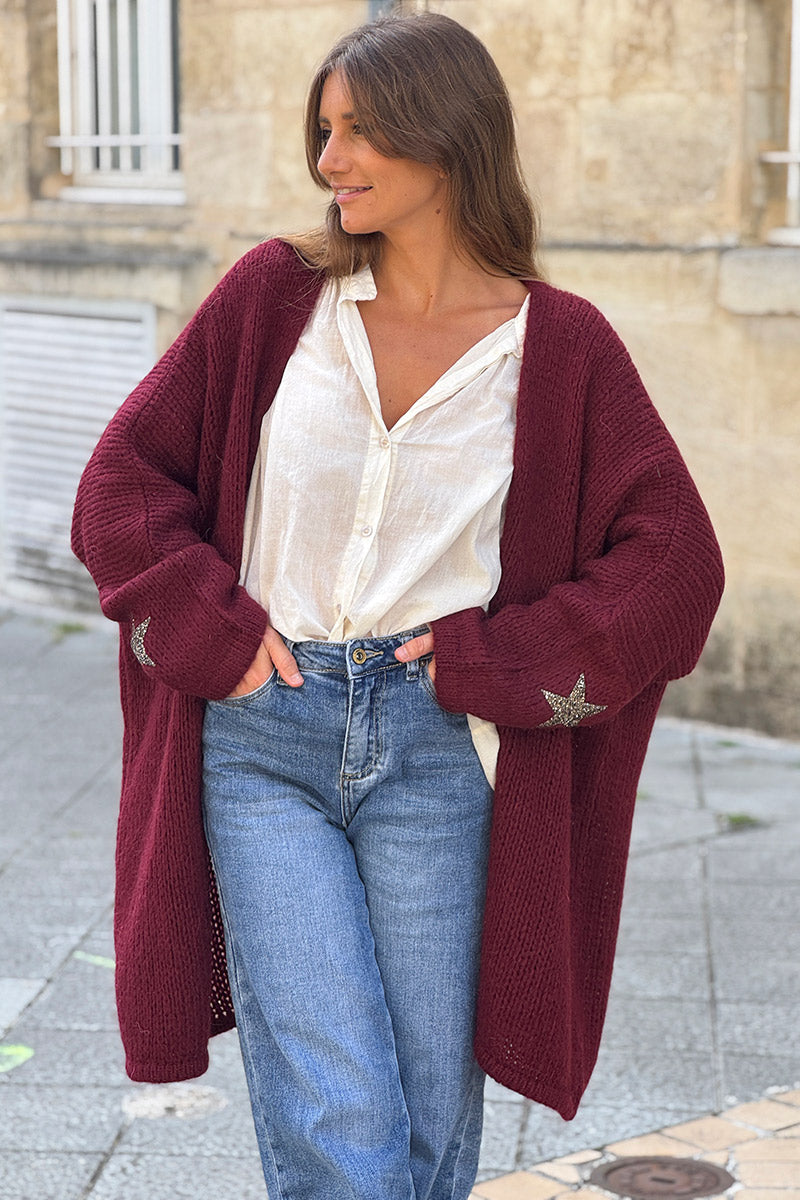 Gilet aubergine mi long grosses mailles étoile strass manches