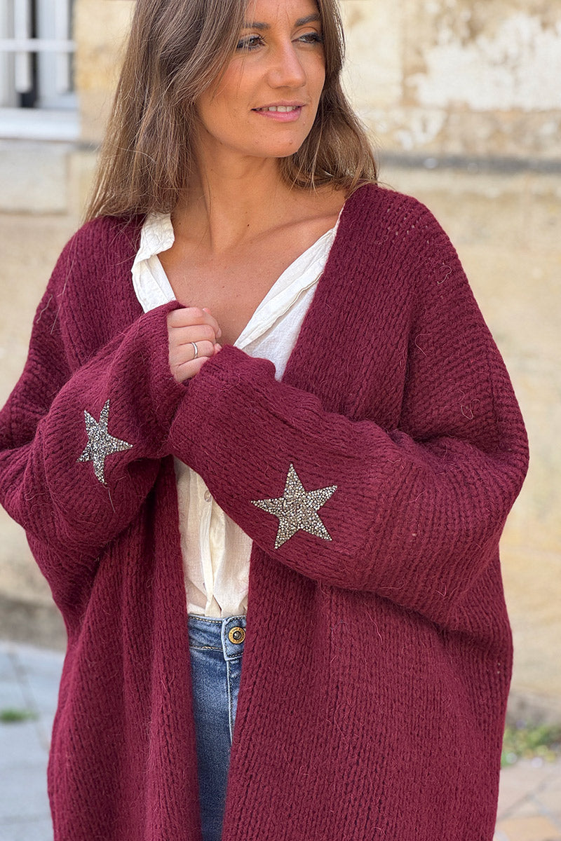 Gilet aubergine mi long grosses mailles étoile strass manches