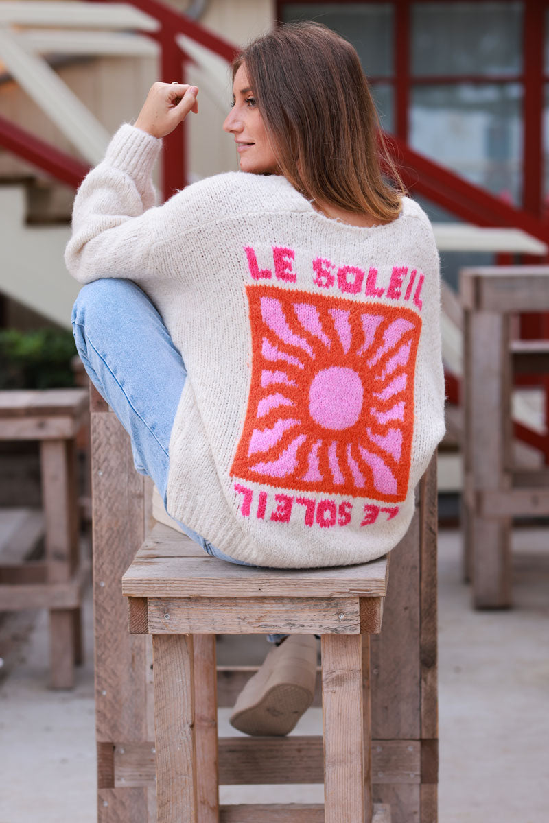 Gilet beige en grosse maille avec gros boutons le Soleil manches bouffantes
